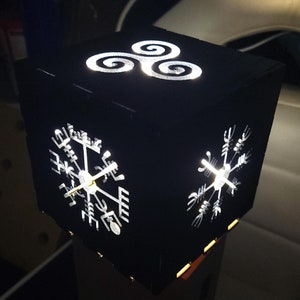 Handmade engraved Eco-Friendly wooden Light Lamp Box Viking Vegvisir Odin Pagan