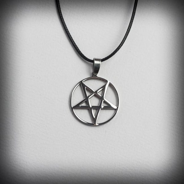 Handmade Stainless Steel Reverse Pentagram Pendant Necklace Medallion + Gift (black leather cord)