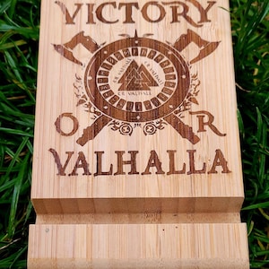 Handmade Engraved Wooden Bamboo Mobile Phone Stand GSM Bracket Holder with Viking Pagan Valhalla