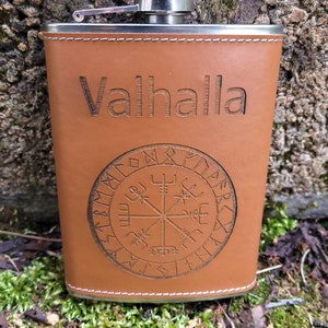 Handmade Viking Vegvisir Compass Hip Flask: Valhalla Leather Stainless Steel