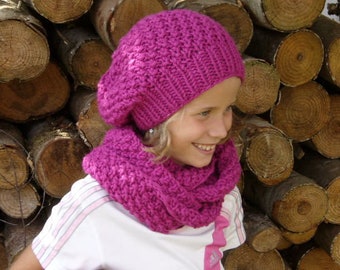 Set ,Beanie and Loop " Mimmi" pink,Children's hat, Head circumference 51-53