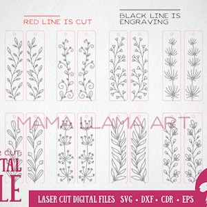 May include: Set of eight digital files for laser cutting or engraving bookmarks. The designs feature various floral patterns with a red line for cutting and a black line for engraving. The files are available in SVG, DXF, CDR, and EPS formats.