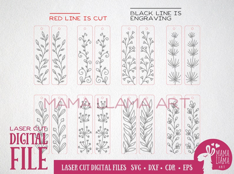 May include: Set of eight digital files for laser cutting or engraving bookmarks. The designs feature various floral patterns with a red line for cutting and a black line for engraving. The files are available in SVG, DXF, CDR, and EPS formats.
