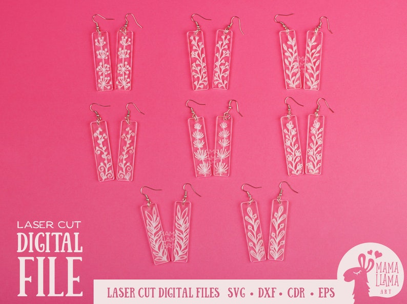 May include: Six pairs of laser cut acrylic earrings with a floral design. The earrings are white and have a delicate floral pattern. The earrings are on a pink background. The text "LASER CUT DIGITAL FILE" is at the bottom of the image. The text "LASER CUT DIGITAL FILES SVG DXF CDR EPS" is at the bottom of the image. The text "MAMA LLAMA ART" is at the bottom right of the image.