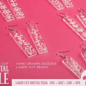 May include: Set of laser cut earrings with a floral design. The earrings are made of clear acrylic and have silver hooks. The design is hand drawn and laser cut ready. The digital files are available in SVG, DXF, CDR, and EPS formats.