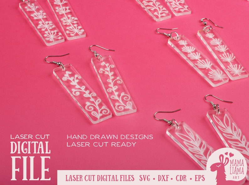 May include: Set of laser cut earrings with a floral design. The earrings are made of clear acrylic and have silver hooks. The design is hand drawn and laser cut ready. The digital files are available in SVG, DXF, CDR, and EPS formats.