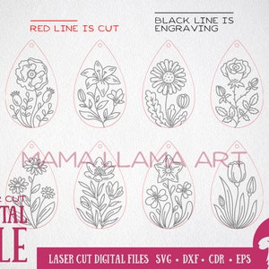 May include: A digital download of six floral earring designs for laser cutting. The designs feature various flowers, including lilies, daisies, roses, and tulips. The red line indicates the cut line, and the black line indicates the engraving line. The text "LASER CUT DIGITAL FILE" is visible in the image.