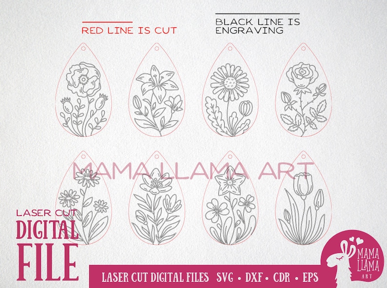May include: A digital download of six floral earring designs for laser cutting. The designs feature various flowers, including lilies, daisies, roses, and tulips. The red line indicates the cut line, and the black line indicates the engraving line. The text "LASER CUT DIGITAL FILE" is visible in the image.