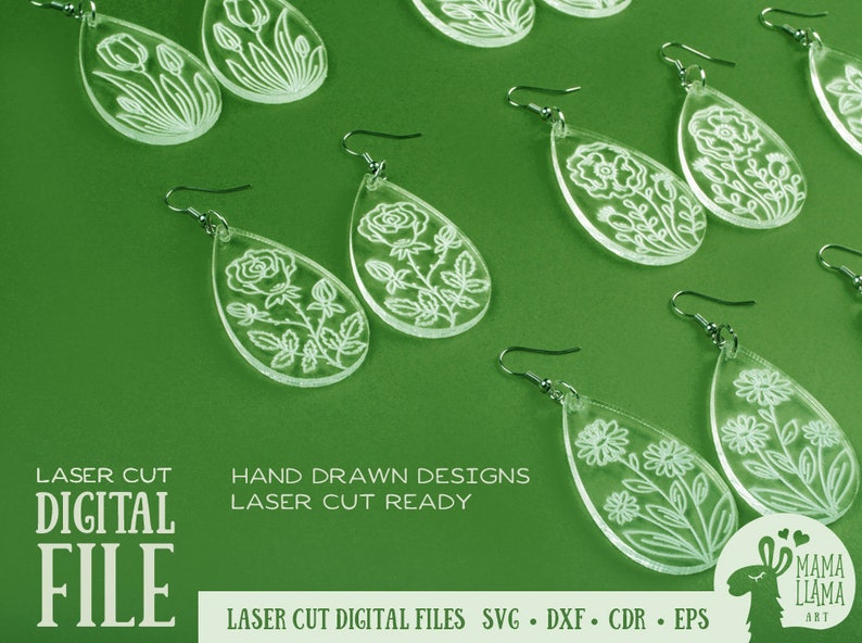 May include: A set of laser cut earrings featuring floral designs. The earrings are made of clear acrylic and have a teardrop shape. The designs are intricate and delicate, and the earrings are perfect for adding a touch of elegance to any outfit.