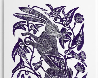 Hidden in flowers_Rabbit linocut, linoprintprint, printmaking limited edition animal illustration art