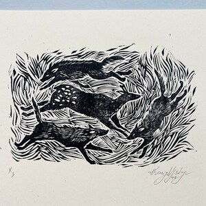 Linograbado original "Caza II" -lobo, venado, naturaleza