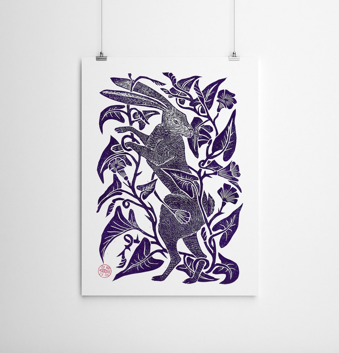 Hidden in Flowers_rabbit Linocut, Linoprintprint, Printmaking Limited ...