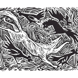 Impression de linogravure. Animaux. « Le piège"_Fox_hunting
