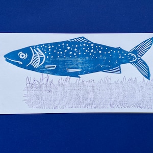 Tirage original Linogravure « Blue Cyan Fish » imprimé original / carte postale / miniprint