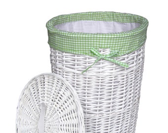 Laundry Basket Wicker Round White Lid Laundry Bag Checked Pattern Green D.39cm H.55cm