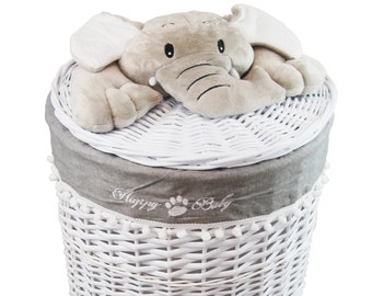 Wasmand waskist wilg witte olifant met dekseldeksel D.32 cm H.48 cm T01Rd-S