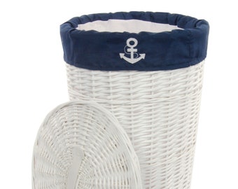 Laundry Basket Laundry Chest wicker white navy blue round 34L