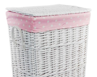 Panier à linge coffre à linge blanc rose/bleu bébé en osier avec couvercle sac à linge poignées 32x24 H.48