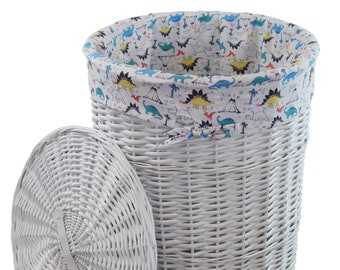 Laundry Basket Laundry Chest White Round with Lid Cover Dinosaur Pattern D.32 H.48