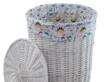 Panier à linge Coffre à linge en osier blanc rond avec couvercle Housse motif dinosaure D.32 H.48