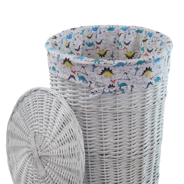 Laundry Basket Laundry Chest White Round with Lid Cover Dinosaur Pattern D.32 H.48