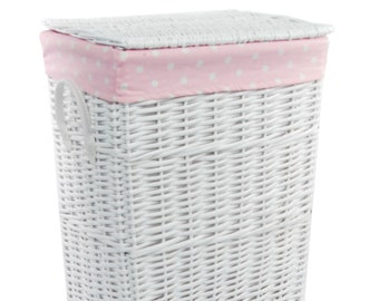 Panier à linge saule rose layette blanc avec anses couvercle sac à linge 40x30 H.55