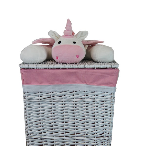 laundry basket laundry chest willow rectangular white with cover in baby pink with soft toy unicorn 37x27 h.50