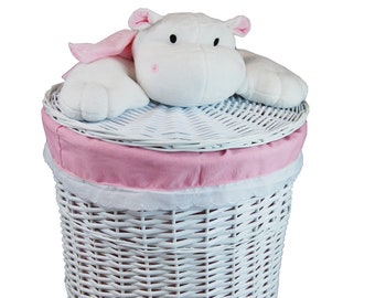 Panier à linge panier à linge rond en osier rose peluche Hippo blanc D. 46 cm H.62 cm