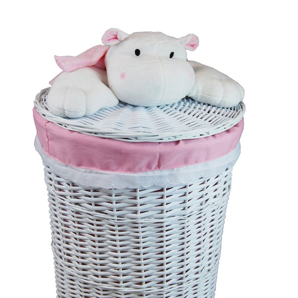 laundry basket laundry chest willow round pink soft toy hippo white D.45cm H.58cm