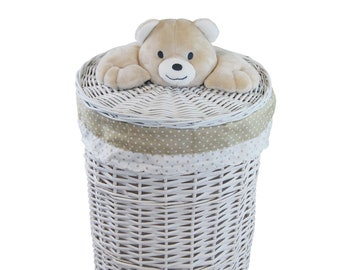 Panier à linge Coffre à linge Willow Round White Lid with Soft Toy Bear Cover Lid