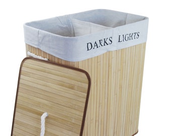 Laundry Basket Laundry Chest Bamboo foldable w. 2X Sorting Compartment Cover Hang Handle 52x32 H.63 3x Colours to choose
