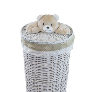 Laundry Basket Laundry Chest Willow Round White Lid with Soft Toy Bear Cover Lid image 1