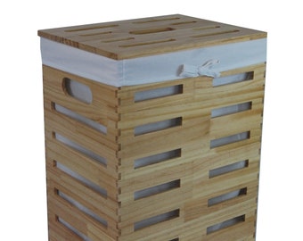 Laundry basket wood real wood pine with cover lid handles 35x25 H.46cm