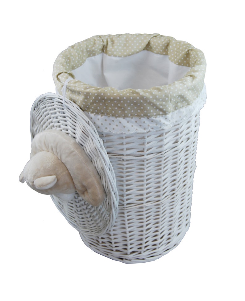 Laundry Basket Laundry Chest Willow Round White Lid with Soft Toy Bear Cover Lid image 2