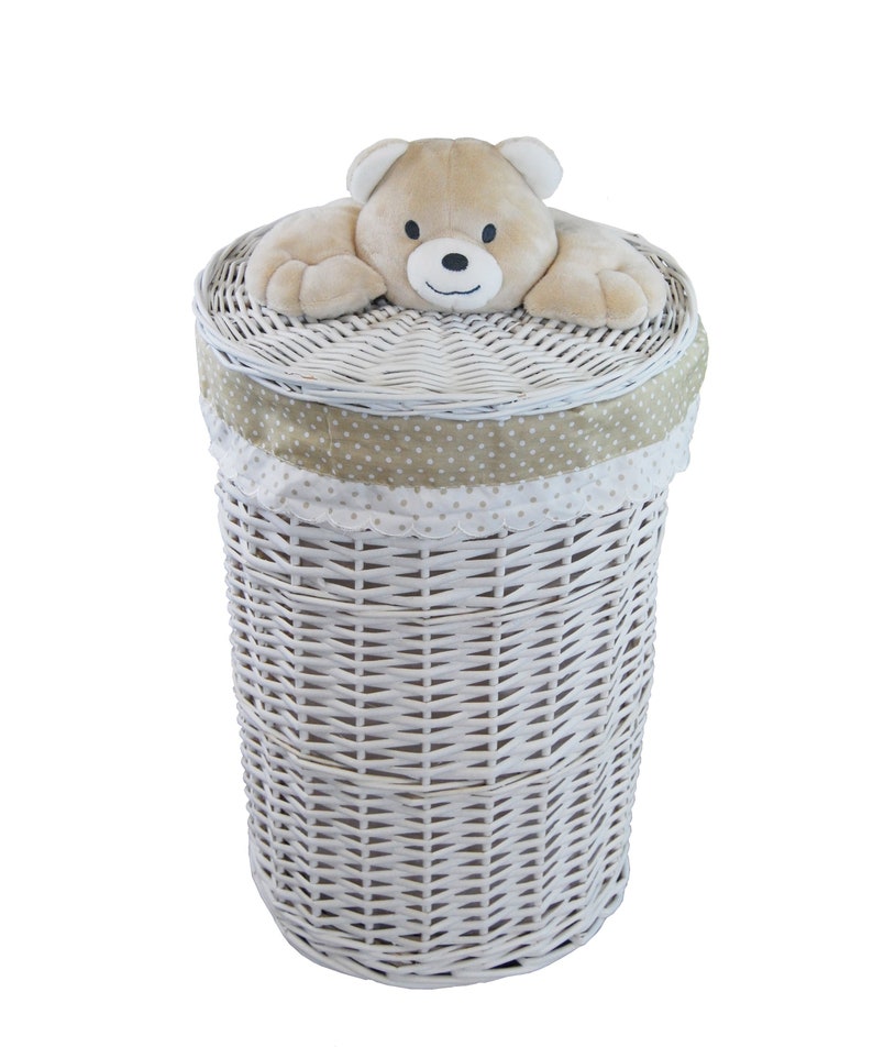 Laundry Basket Laundry Chest Willow Round White Lid with Soft Toy Bear Cover Lid image 1