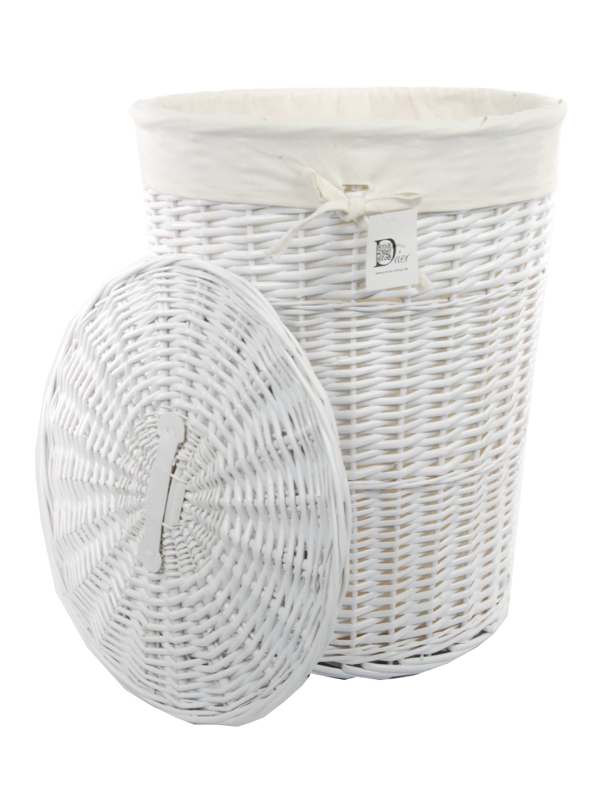 Panier à linge en osier couleur blanc insert en tissu coffre avec poignées  MED05176