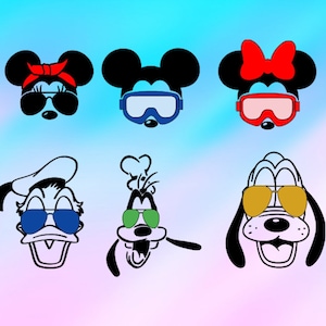 May include: A set of six cartoon character faces with different colored sunglasses. The characters include Mickey Mouse, Minnie Mouse, Donald Duck, Goofy, and Pluto.