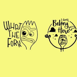 May include: Black and white illustration of a fork with a face. The fork is saying "What the fork" and "I don't belong here".