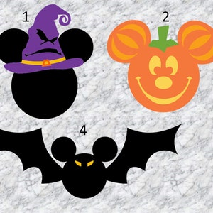 May include: A collection of Halloween-themed designs featuring a black silhouette of a mouse head. Designs include a witch hat, a jack-o'-lantern, a spooky face, a bat, and a spiderweb with a spider. These designs are perfect for Halloween crafts.