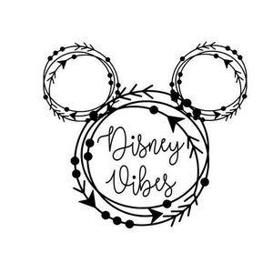 May include: Black and white illustration of Mickey Mouse ears with a floral design. The text "Disney Vibes" is inside the ears.