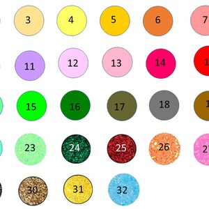 May include: A color chart with 32 different colors, numbered 1 through 32. The colors include black, white, gray, blue, green, red, yellow, orange, pink, purple, brown, and glitter.