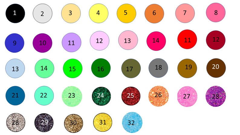 May include: A color chart with 32 different colors, numbered 1 through 32. The colors include black, white, gray, blue, green, red, yellow, orange, pink, purple, brown, and glitter.