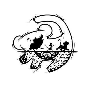 May include: Black and white line art illustration of the Lion King's "Circle of Life" logo. The logo features a stylized lion's head with a patterned mane and a circle in the center. The circle contains a running warthog, a monkey, and a lion cub.
