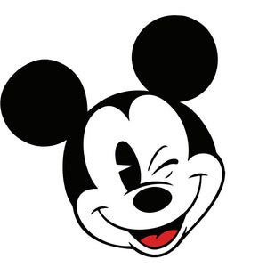 May include: A black and white cartoon illustration of Mickey Mouse winking and smiling.