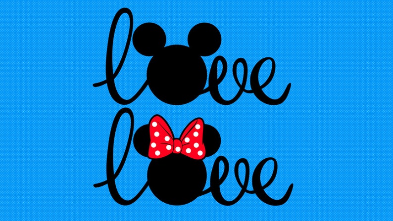 May include: Black and white silhouette of Mickey Mouse and Minnie Mouse with red polka dot bows. The word "love" is written in a cursive font on either side of the silhouettes.