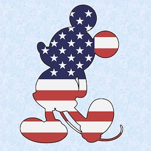 May include: A silhouette of Mickey Mouse in the shape of the American flag. The flag is red, white, and blue with white stars on a blue field.