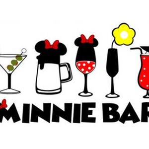 May include: A black and white illustration of a bar with the text "Minnie Bar" and six different drinks: a martini, a beer, a wine glass, a champagne flute, a cocktail glass with a flower, and a tropical drink.