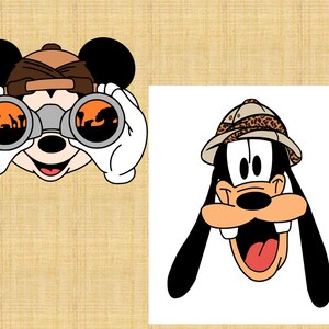 May include: Mickey Mouse and Goofy are dressed as safari explorers. Mickey is wearing a brown hat and holding binoculars. Goofy is wearing a brown hat with a leopard print band.