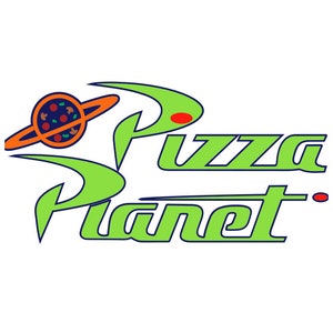 May include: A green and blue logo for Pizza Planet, a fictional restaurant from the Toy Story movies. The logo features a stylized planet with a pizza on it, and the words "Pizza Planet" in a green and blue font.