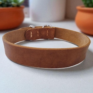 Puede incluir: Un collar de cuero marrón con una hebilla plateada. El collar es de color marrón claro y parece estar hecho de cuero de alta calidad. La hebilla es plateada y tiene un diseño clásico. El collar es para una mascota.